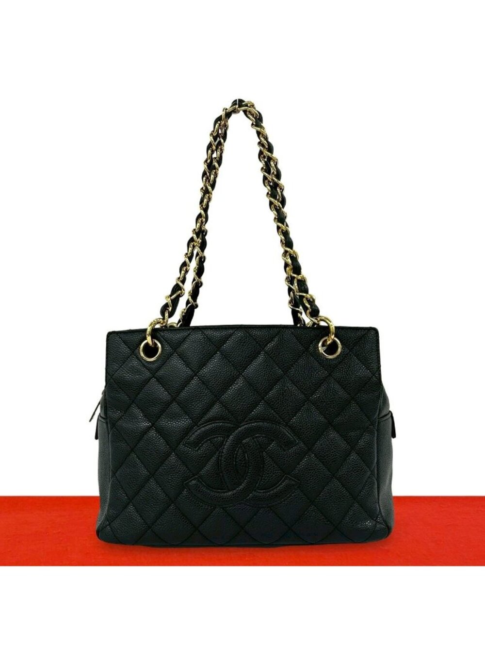 Chanel Quilted CC Logo Caviar Leather Shoulder Bag Tote Black